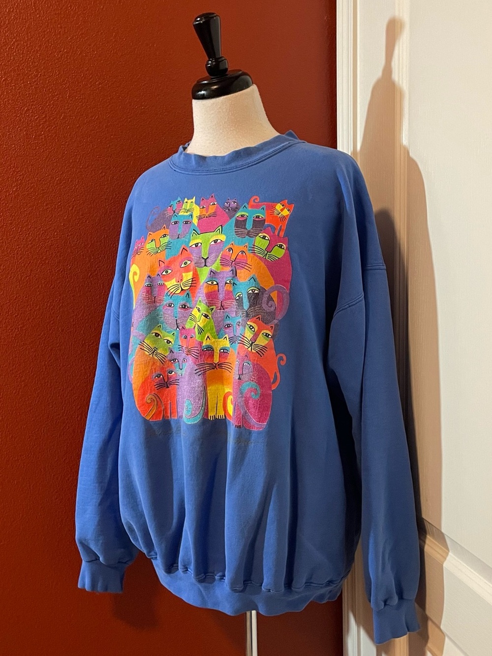 Vintage Laurel Burch Women’s Blue‎ Cotton Blend Crewneck Cat Art To Wear Sweater